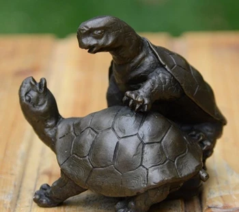

China Art Deco handmade Sculpture FengShui Lover Two Turtle Bronze Copper Statue