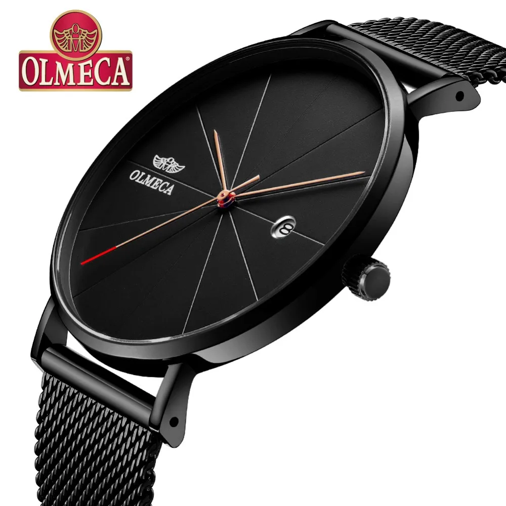 

OLMECA Quartz Men's Watches Fashion reloj hombre Calendar Date Wrist Watches 3ATM Waterproof Watches For Men Milanese Band Black