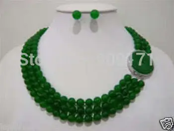 

Free Shipping>>>Beautiful 3 rows 8mm green stone necklace earrings set