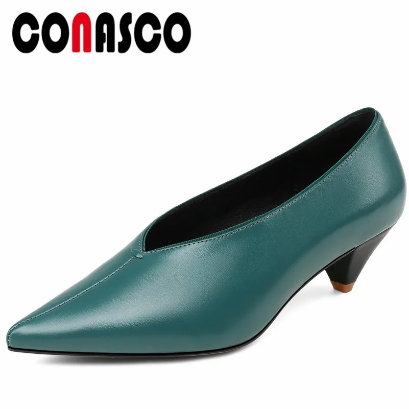 

CONASCO Top Quality Spike Heels Slip On Office Pumps Sexy Pointed Toe Genuine Leather Shoes Woman Fashion Dress Career Shoes