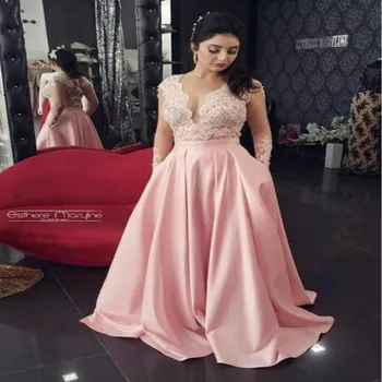 

Backless Pink Evening Dress With Pockets A Line V Neck Satin Long Party Dresses Sheer Back Lace Long Prom Dresses 2019 For Women