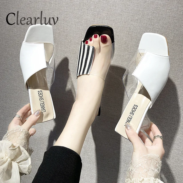 

Women's sandals thick with 6.5cm fashion square head wild high-heeled slippers transparent crystal striped office Roman sandals