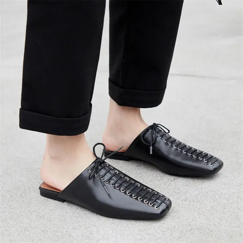 

NAYIDUYUN Women Shoes Genuine Leather Party Flats Oxfords Shallow Lace Up Winter Warm Slippers Square Toe Mules Casual Shoes