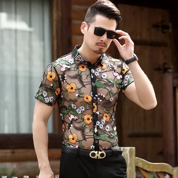 

Flower Lace Shirt Embroidery See Through Shirt Men Chemise Homme Marque Luxe Mesh Hollow out Shirt Summer Short Sleeve Shirt
