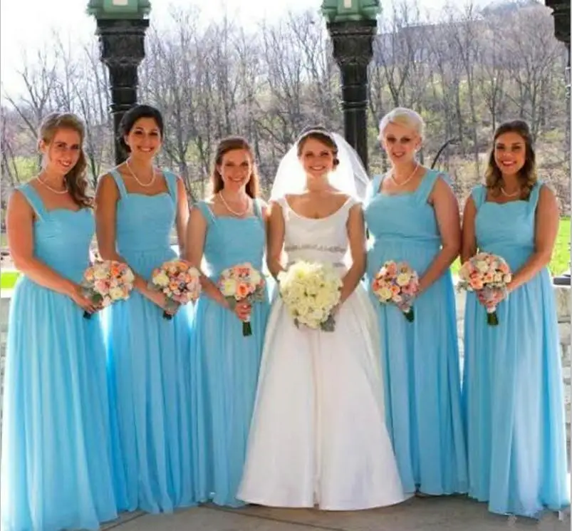 

BONJEAN Sky Blue Long Chiffon Bridesmaid Dresses 2019 with Straps A Line Maid of Honor Dresses New Floor length Prom Party Gowns