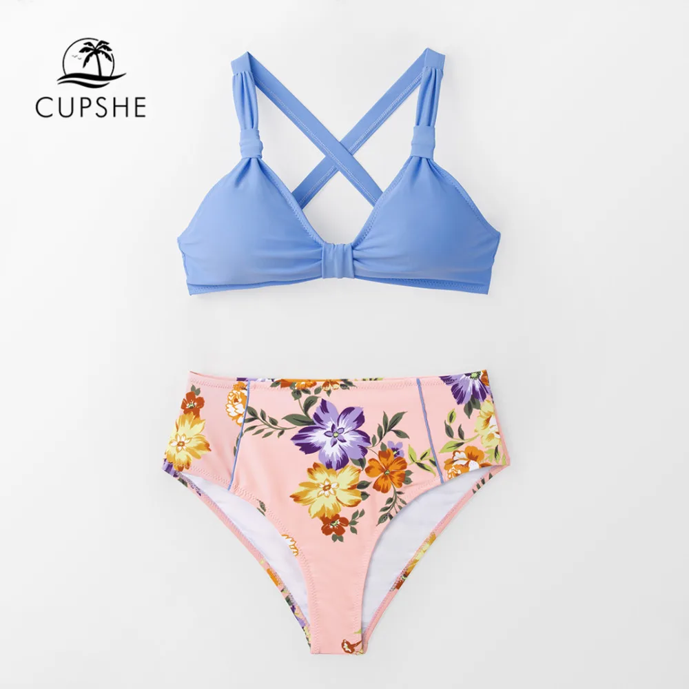 Online CUPSHE Süße Solide Und Floral Verknotet Bikini Sets Frauen Kreuzmuster Zwei Stück Badeanzüge 2020 Mädchen Strand Badeanzüge