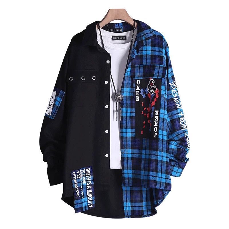

Spring Korean Patchwork Casual Men Shirts Long Sleeve Oversized Shirt Men Checkered Classic Vintage Hip Hop Plaid Shirt Man T6V3