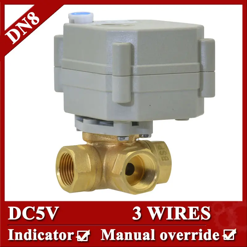 

1/4'' DC5V 3 wires electric valve DN8 3 Way Horizontal type Valve with manual override and indicator