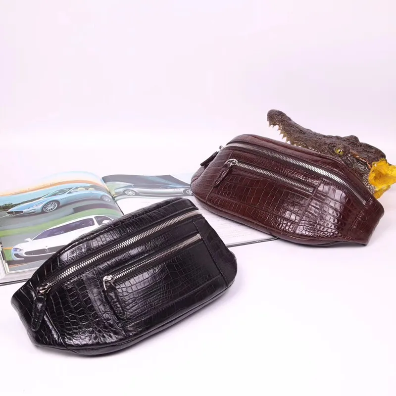 

Casual Style Authentic Alligator Belly Skin Men's Small Black Waist Packs Exotic Genuine Crocodile Leather Male Travel Purse Bag