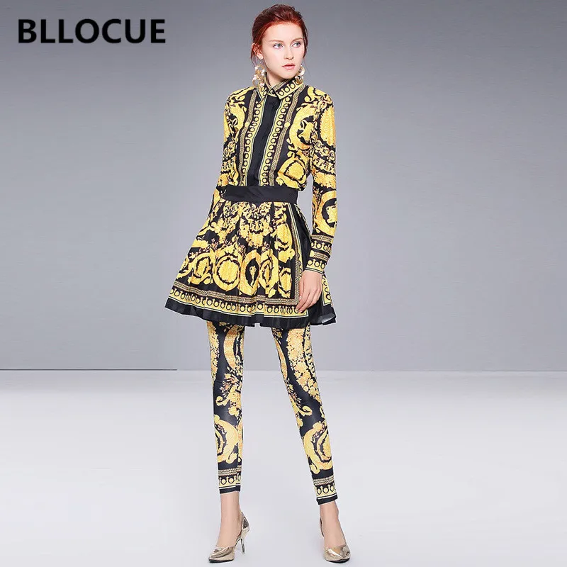 

BLLOCUE High Quality Runway Designer Sets 2019 Autumn Women Long Sleeve Gold Leopard Printed Blouse Tops+Half Skirt +Pants 3 Pie