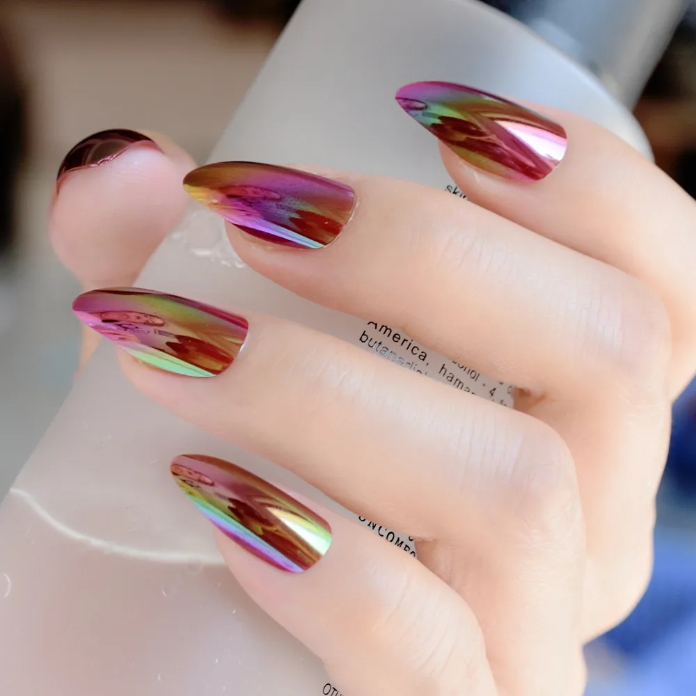 Holographic Rainbow Stiletto Fake Nails Mirror Chrome Gold Rose Holographic Rainbow Stiletto Fake Nails Mirror Chrome Gold Rose Color False Nail Full Cover Magic Effect Acrylic Tips In From Beauty