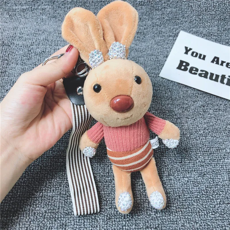 

High Quality Plush Doll Teddy Bear Keychain Llaveros Keyring Fabric Rhinestone Lady Key Chain Bunny Bear Bag Charm Pendant Gift