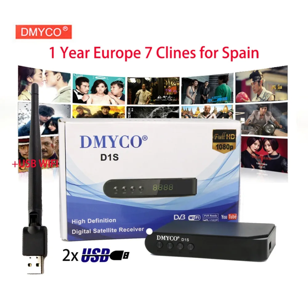 Goedkoop D1S Satelliet TV Ontvanger DVB S2 1080 p HD decoder + USB WIFI Receptor met 1 Jaar 7 Clines Europa CCCAM ondersteuning 3g powervu youtube