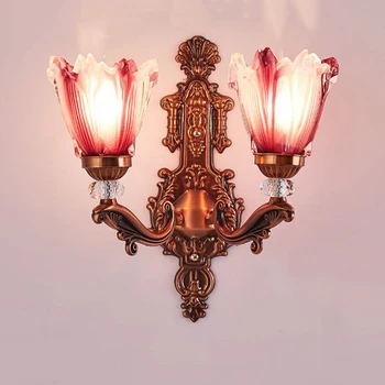 

WOERFU Double Head Vintage Aluminum Alloy Wall Lamp European Style Living Room Bedroom Bedside Lamp E14 Stained Glass Wall Lamp