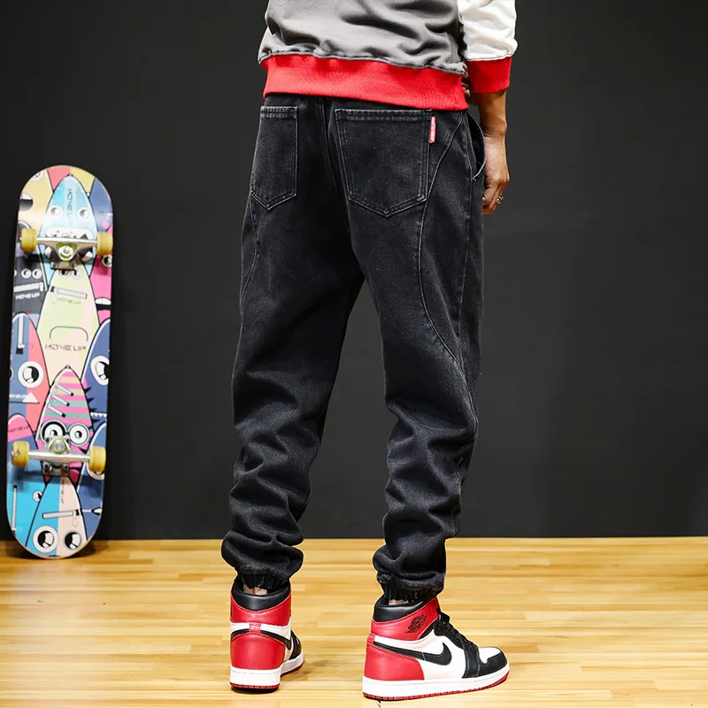 Japanese Style Fashion Men Jeans Black Spliced Designer Loose Fit Cargo Pants Harem Trousers Size 28-44 Hip Hop Jogger Jeans Men