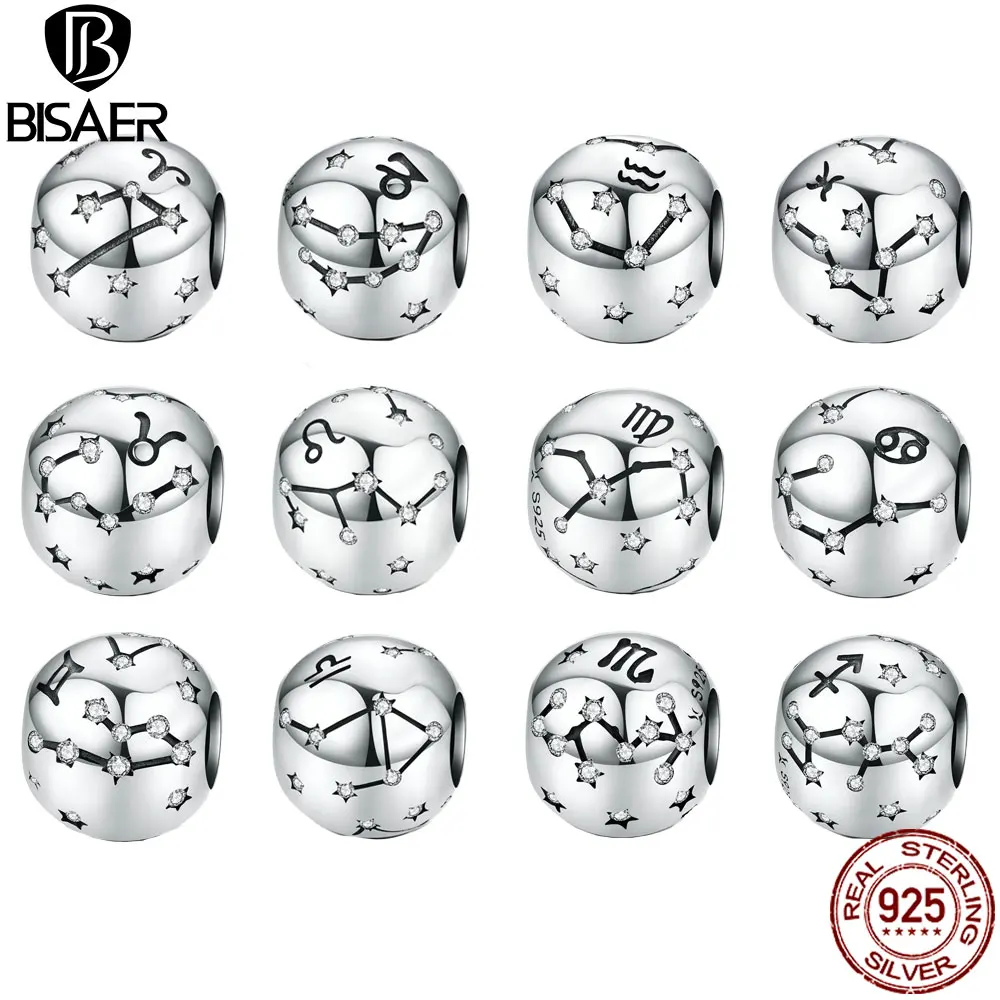 

BISAER Hot Sale 925 Sterling Silver Twelve Constellations Star Sign Zodiac Beads Charm Fit Charms Bracelets DIY Jewelry