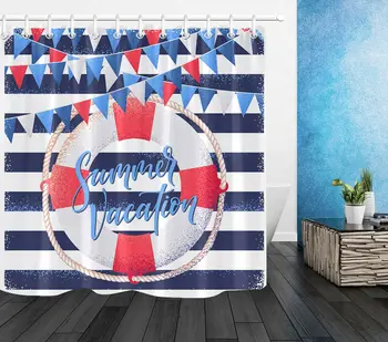 

Summer Vacation Lifebuoy Striped Polyester Fabric Shower Curtain Hooks Bathroom