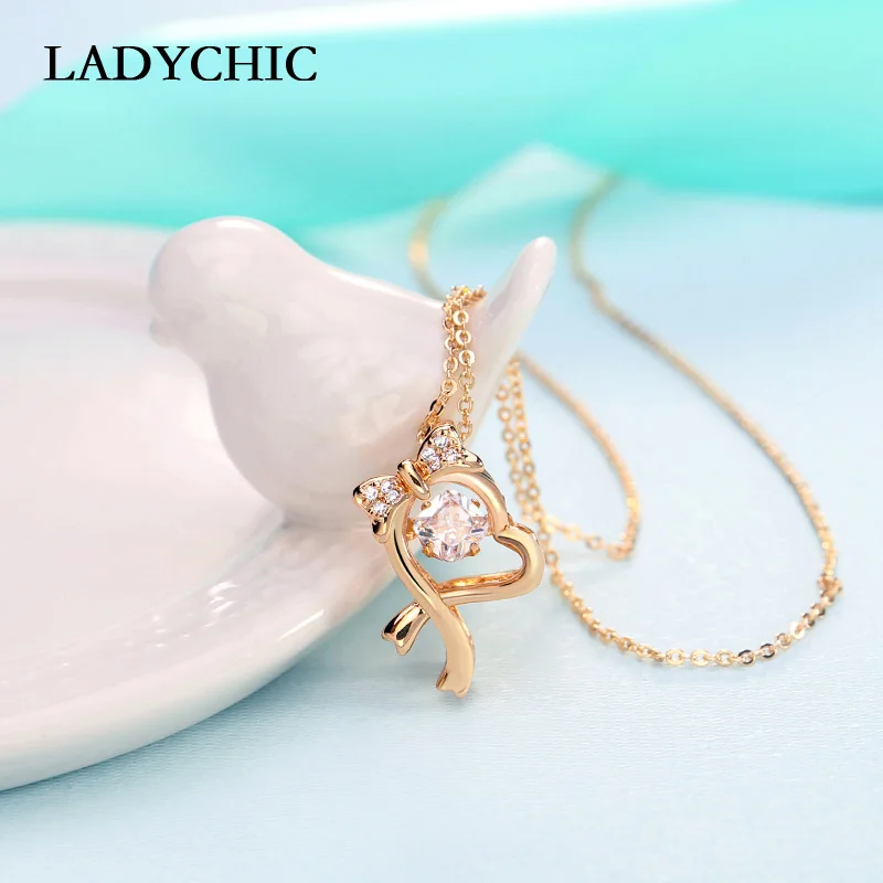 

LADYCHIC Romantic Bowknot Necklaces & Pendants Link Chain Gold Color Fashion Clear Stones Jewelry for Women Birthday Gift LN1124