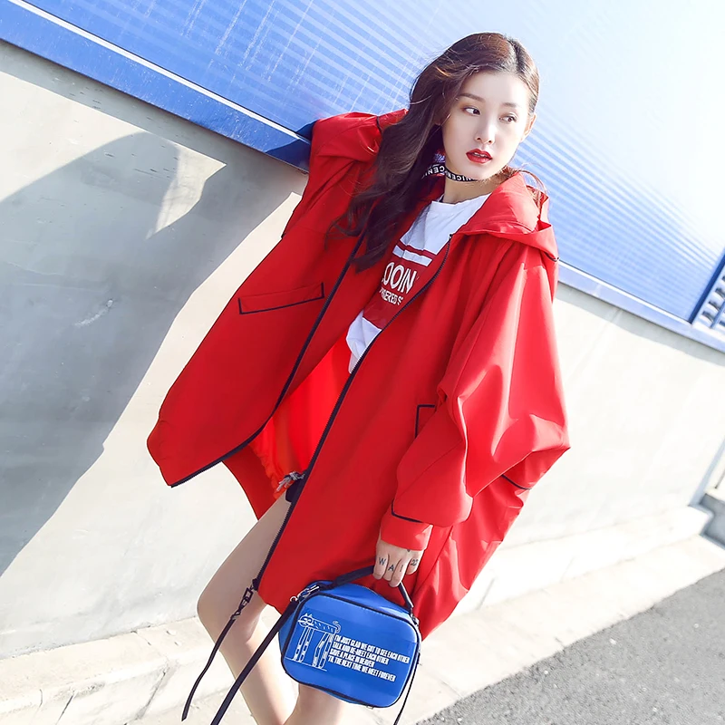 Jeunes Manteau Rouge Printemps Marque Veste Long Lâche Style Lady Nouveau Occasionnel Avec Fashion Capuche 2017 Femmes x4Awq078x