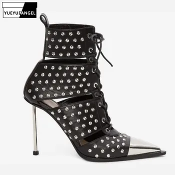 

Ladies Fashion Natural Leather High Heel Sandals Metal Pointed Stiletto Shoes High-Top Sandals Punk Rivets Hollow Ankle Boots