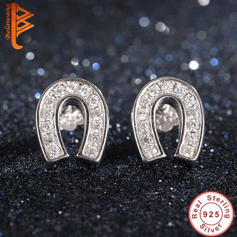 

BELAWANG Women Studs Earings U Shape Hook 925 Sterling Silver Clear White CZ Paved Hypoallergenic Ear Pins Boucles d'oreilles