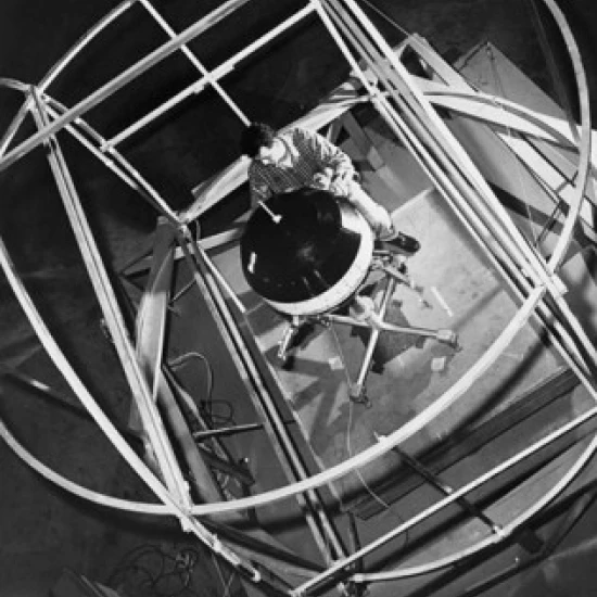 High angle view of a scientist working on a space probe in a laboratory Pioneer V Cape Canaveral Florida USA (18 x 24)