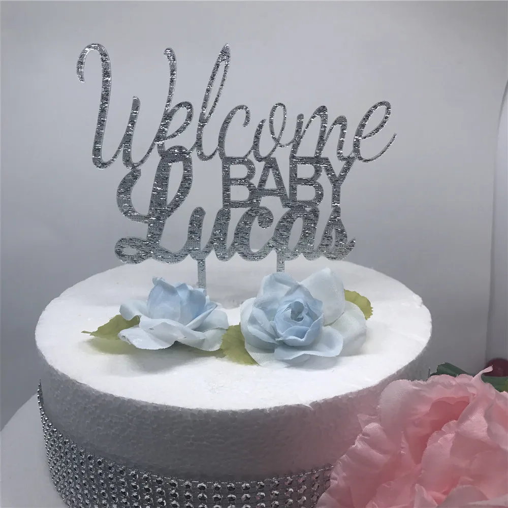 

Glitter Silver Custom Happy Birthday Cake Topper Personalized Acrylic Welcome Baby First Birthday Cake Topper Stand Decoration