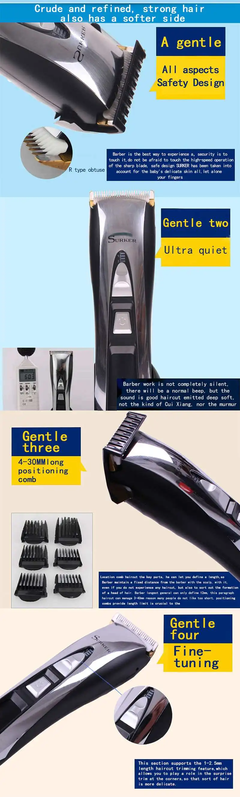 SURKER Rechargeable Electric Hair Trimmer Quiet LED Display Wireless Electric Fader Hair Clipper Hair Cutting Machine