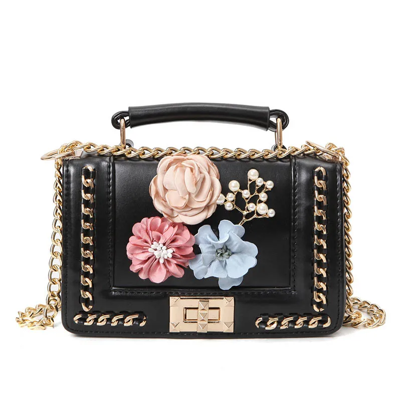 

2019new PU Ms. small package foreign trade chain hit Color Flower Pearl Square Shoulder Bag Messenger Bag