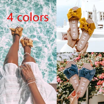 

NAN JIU MOUNTAIN 2019 Summer Women's Flat Slippers Bright Color Big Bow Soft Bottom Comfort Sandals Beach Shoes Plus Size 35-43