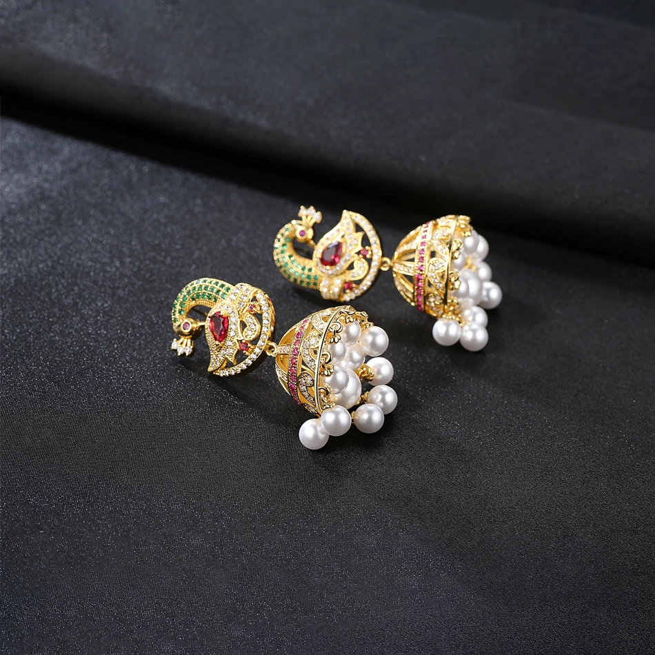 ЦИРКОНИЕВЫЕ серьги-гвоздики с павлином, Классический роскошный дизайн, свадебные серьги в форме колокольчика в Дубае для женщин, индийские серьги в ювелирном изделии
