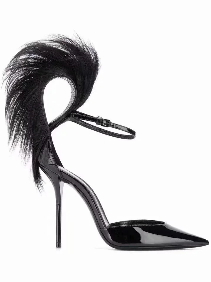 

Women's shoes 2019 spring ladies high-heeled patent leather feather decoration pointed luxury brand banquet wedding fashion sexy