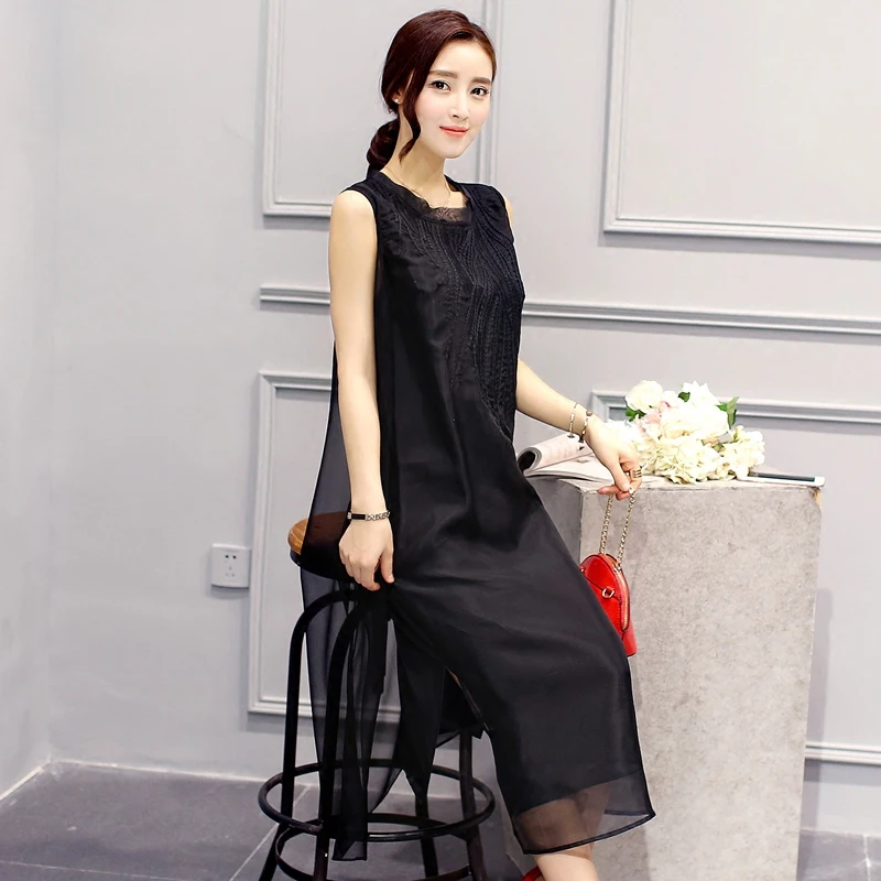 

Silk Embroidery Long Maxi Plus Size XXXL 4XL 5XL Large Dress Women Sleeveless Loose 2019 Summer Robe Dresses Black Clothing