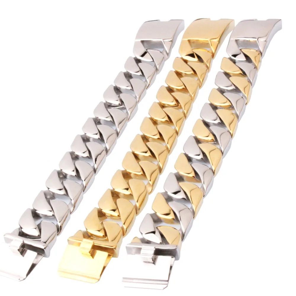 Online 26mm de ancho 316L de acero inoxidable Cuba frenar pulsera enorme pesado de plata tono de oro de la cadena de joyería al por mayor para niños pulsera
