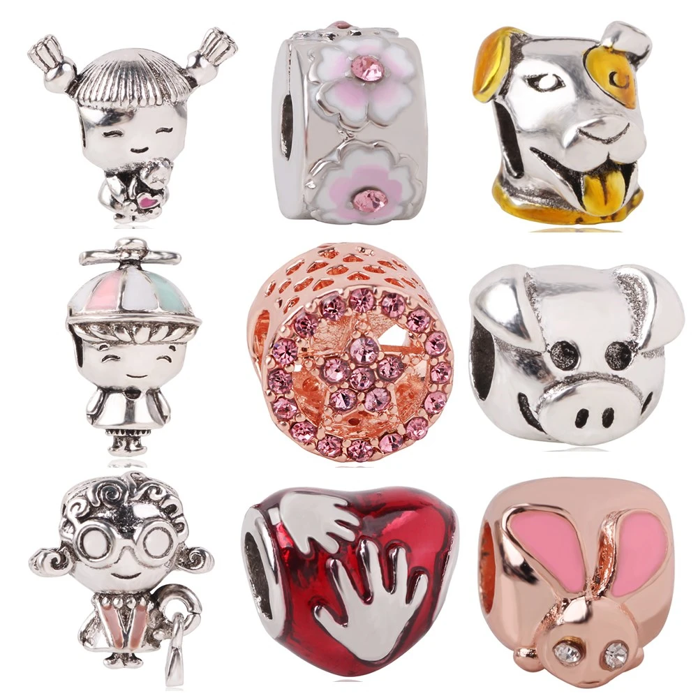 

AIFEILI 2019 Mother's Day New 925 Silver Girl with Pigtails Dog Beads Charms Fit Original Pandora Bracelet Clip Jewelry