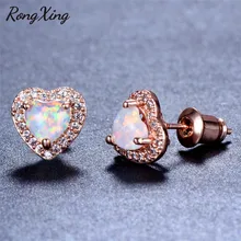 RongXing однотонный цвет розовое золото Радуга Сердце Любовь камень серьги гвоздики для женщин белый огонь опаловые серьги Модные ювелирные изделия с фианитом