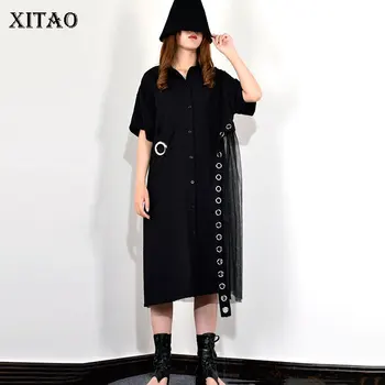 

XITAO Mesh Hem Street Blouse Hollow Out Women Clothes 2019 Pocket Wild Joker Turn Down Collar Long Elegant Shirt New ZQ2249