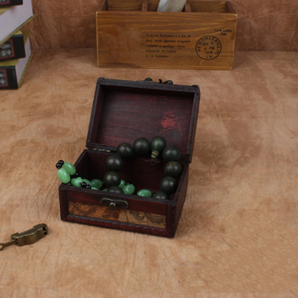 2pcs Retro Small Wood Storage Box With Metal Lock Jewelry Treasure Pearl Decorative Trinket Wooden Case Vintage Organizer
