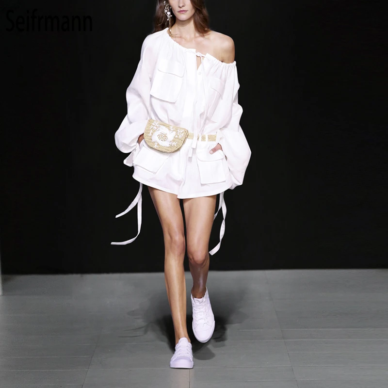 

Seifrmann New Women Spring Summer Dress Runway Fashion Designer Lantern Sleeve Sexy Off shoulder Bow Tie Elegant Casual Dresses
