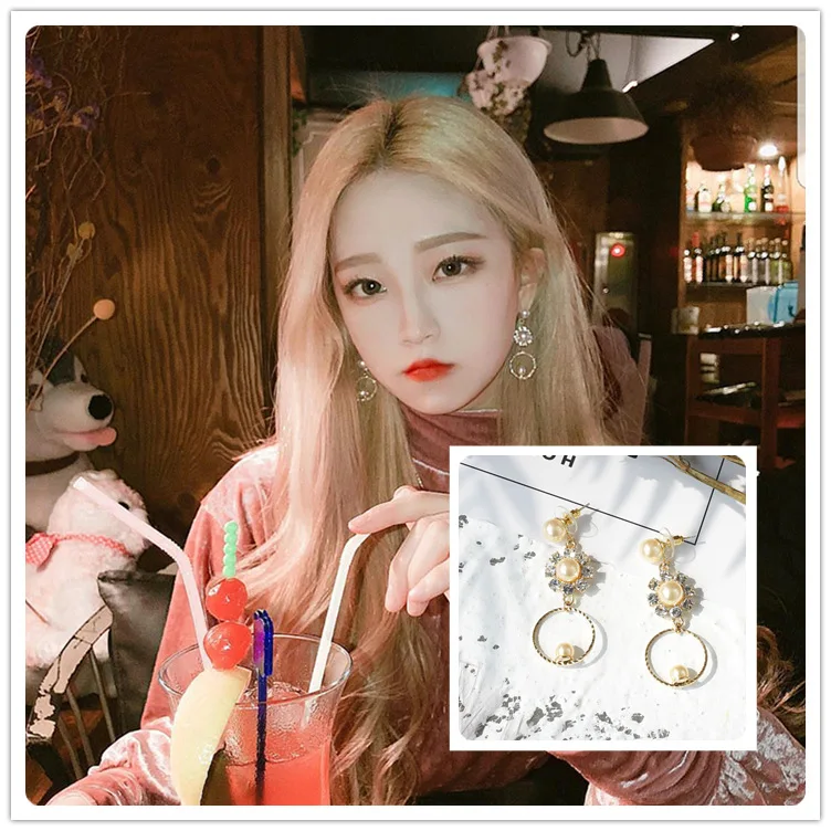 Korean Girl Trendy Luxury Silver Dangle Earrings with Pink Pearl Big