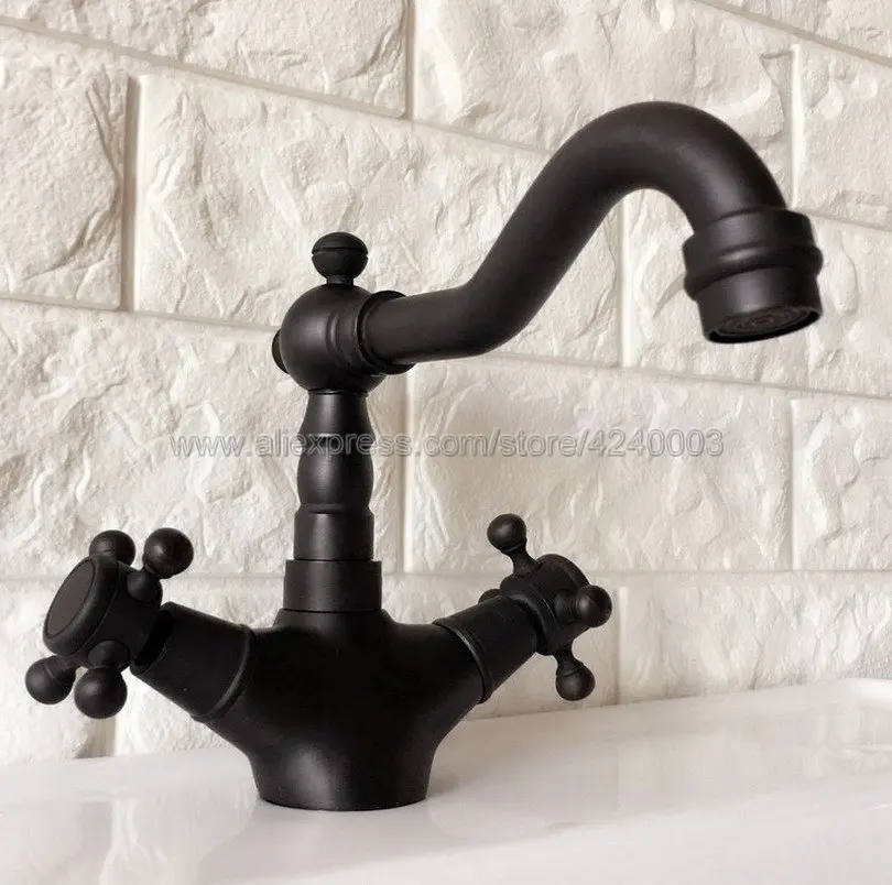 

Basin Faucet Black Brass Retro Bathroom Sink Faucet Single Handle Hight Arch Swivel Spout Kitchen Deck Vessel Mixer Taps Knf346