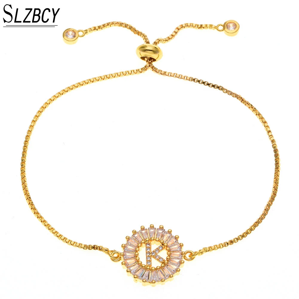 SLZBCY Copper Letter K Bracelet Bangle Woman CZ Zircon Crystal Round