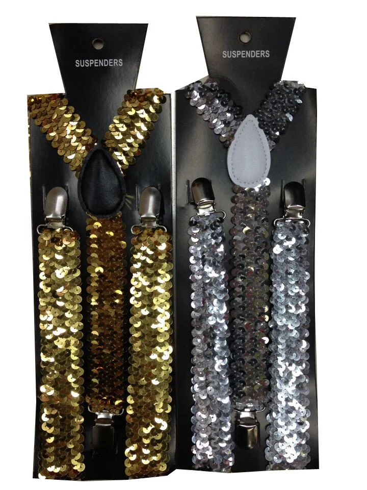 

Free Shipping 2015 New Fashion Women Adjustable Clip-on Y-back Black Gold Sliver Metallic Shinny Sequin Suspenders For Party