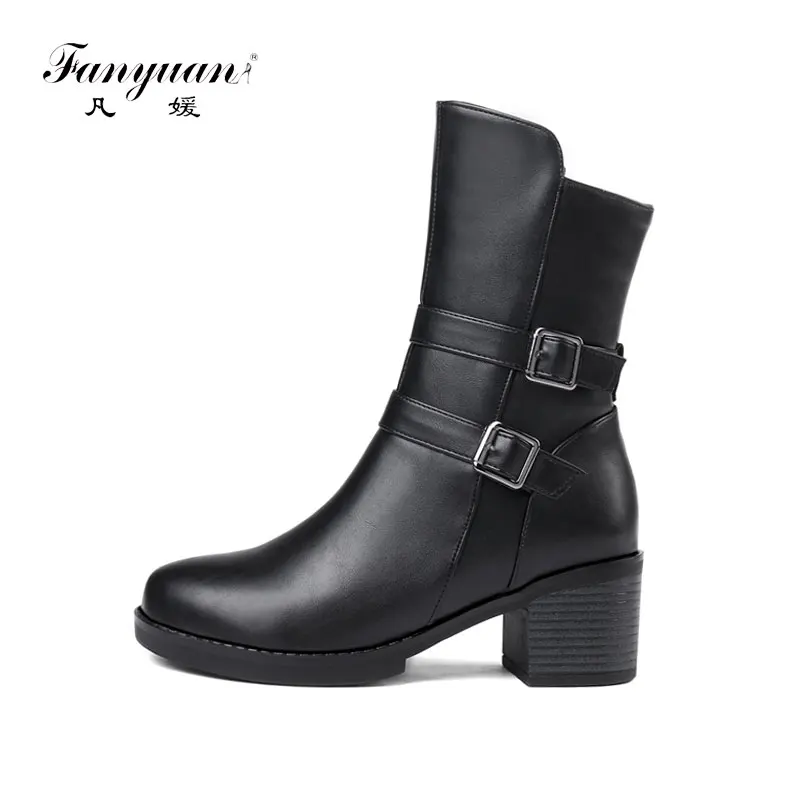 

Fanyuan Fashion Solid Winter Knight boots Non-slip Thick bottom Mid-Calf Boots Double belt buckle Motorcycle boots Women Shoes
