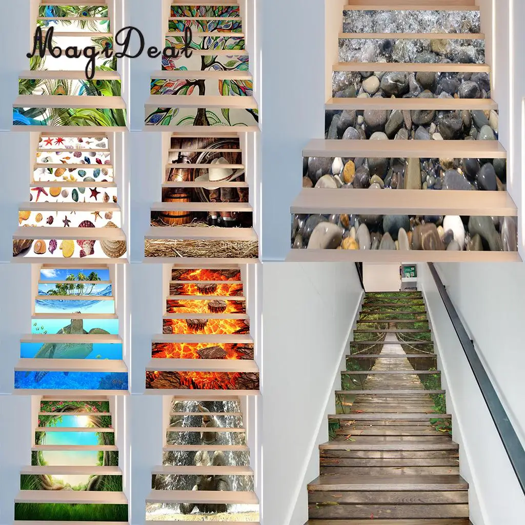 

6pcs/set 3D Self Adhesive Stair Risers Stickers Set Staircase Decals Removable Waterproof Mural Wall Paper for Home Decoration