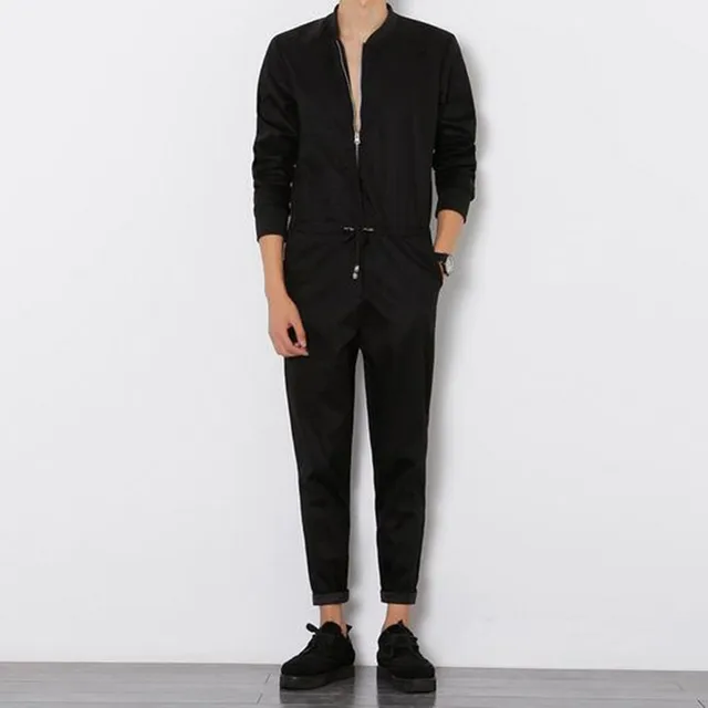 Buy Male black long sleeves drawstring bodycon romper men jumpsuit leisure