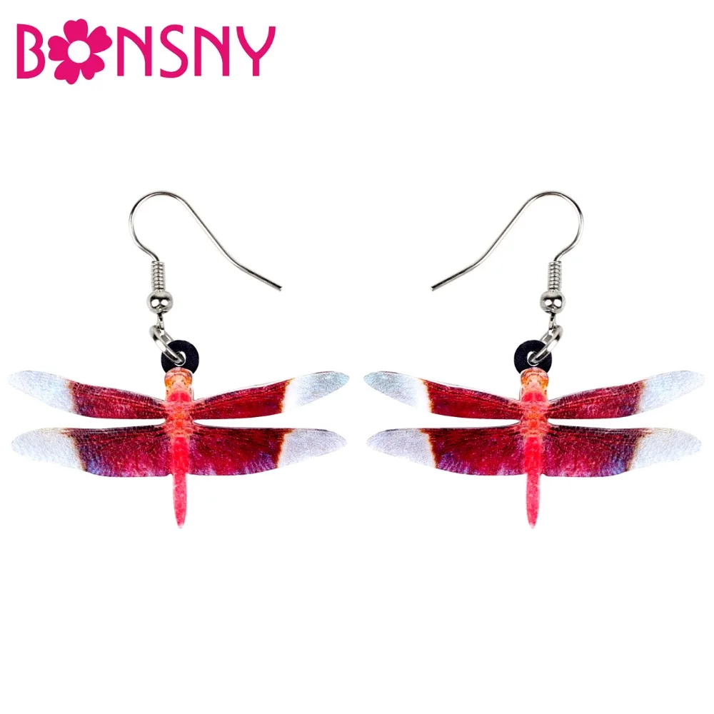 Bonsny Acrylic Unique Red Dragonfly Insect Earrings Big Long Dangle Drop Fashion Animal Jewelry For Women Girls Ladies Teen Gift | Украшения