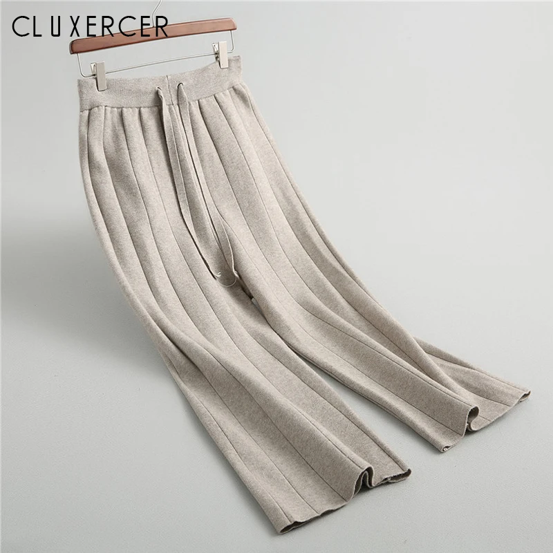 

Soft Knitting casual pants ladies 2018 Autumn Winter Korea Style Wide Leg Striped Pants Casual Loose Knitted office Pants Women