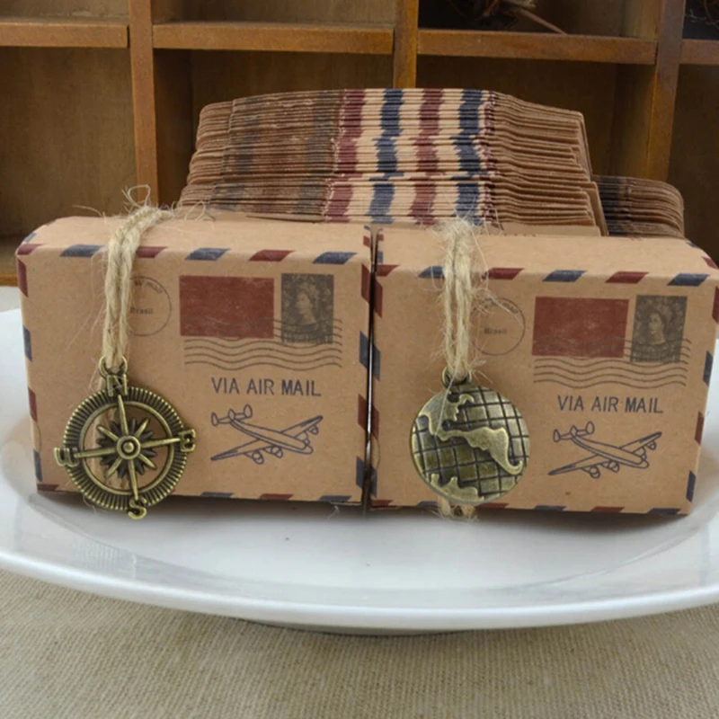 

Wedding Gift Souvenirs Gift 50pcs Air Mail Airplane Travel Theme Vintage Favors Kraft Paper Candy Box Packaging Boxes