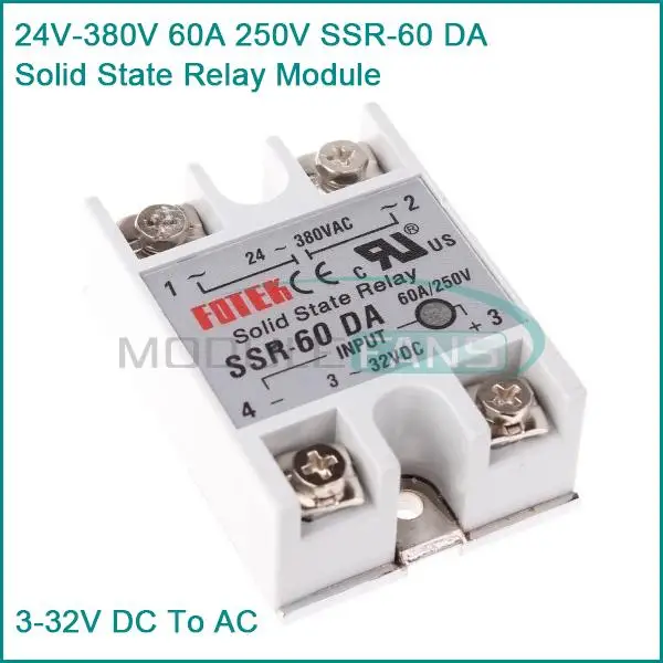 

24V-380V 60A 250V SSR-60 DA Solid State Relay Module 3-32V DC To AC